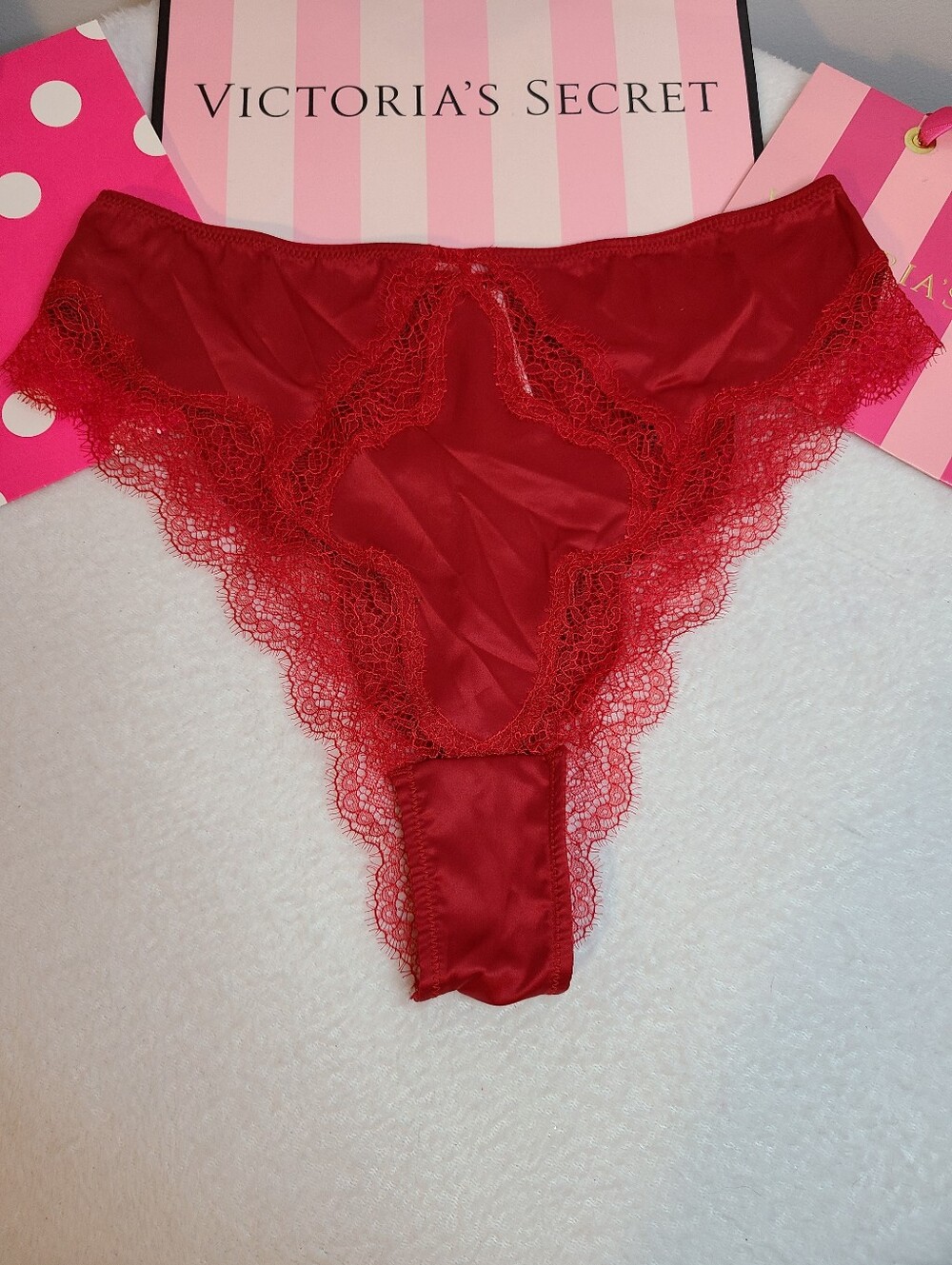 VS Dream Angels Smooth Satin Eyelash Lace Brazilian Cheeky Panty Size M